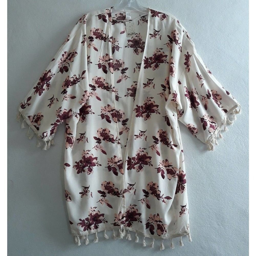 Mudd Boho Kimono Cover Up Women One Size White Burgundy Open Front Tassels NWT